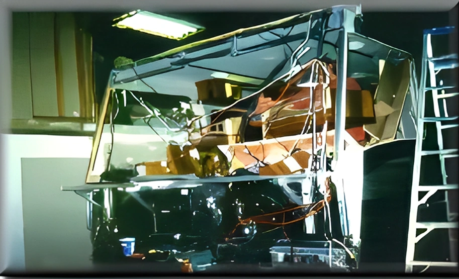 Bus interior with broken glass