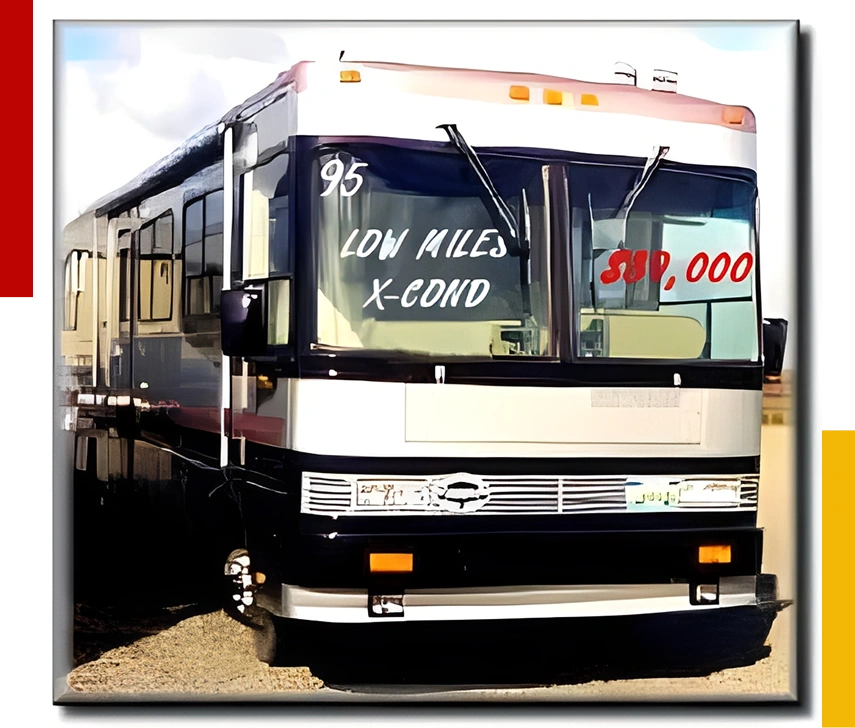 Luxury RV displayed with sale price